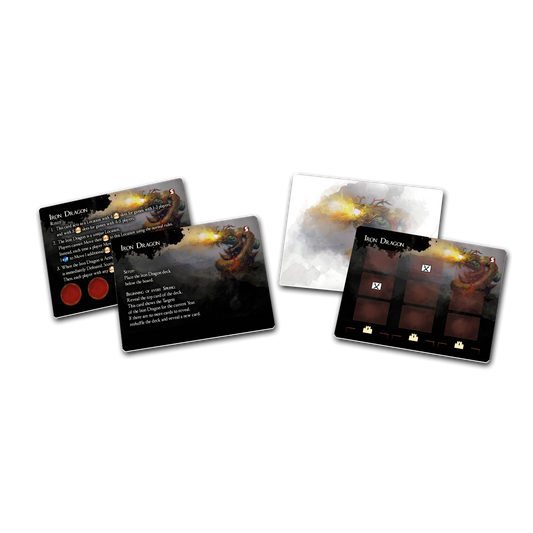 Four cards from Awaken Realms’ The Great Wall: Iron Dragon Blister Expansion are shown on a white background—three display the Iron Dragon with fire, text, and icons; one has a faded dragon. Ideal for board game fans who love epic battles!.