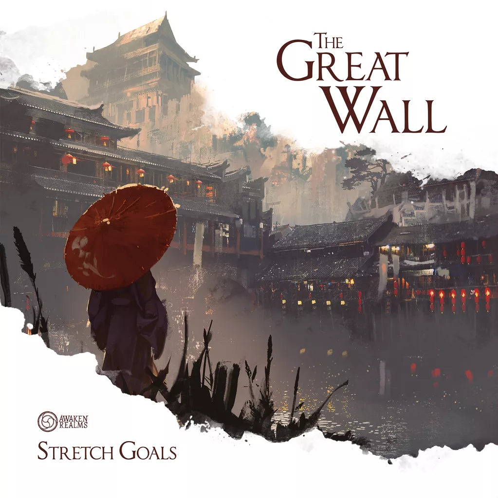A person with a red umbrella stands near a misty ancient Chinese city with glowing lanterns and traditional buildings. Text reads The Great Wall: Stretch Goals Expansion by Awaken Realms.