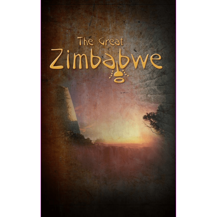 A textured dark poster features "The Great Zimbabwe" by Splotter Spellen above faded stone ruins and a sunset tree, evoking the ancient African civilization from the board game The Great Zimbabwe.