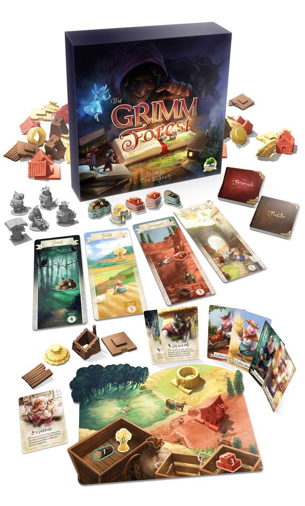 The Grimm Forest by Lucky Duck Games includes a game box, cards, tokens, tiles, miniatures, and resource pieces for a house-building competition—all with stunning illustrations for immersive play.