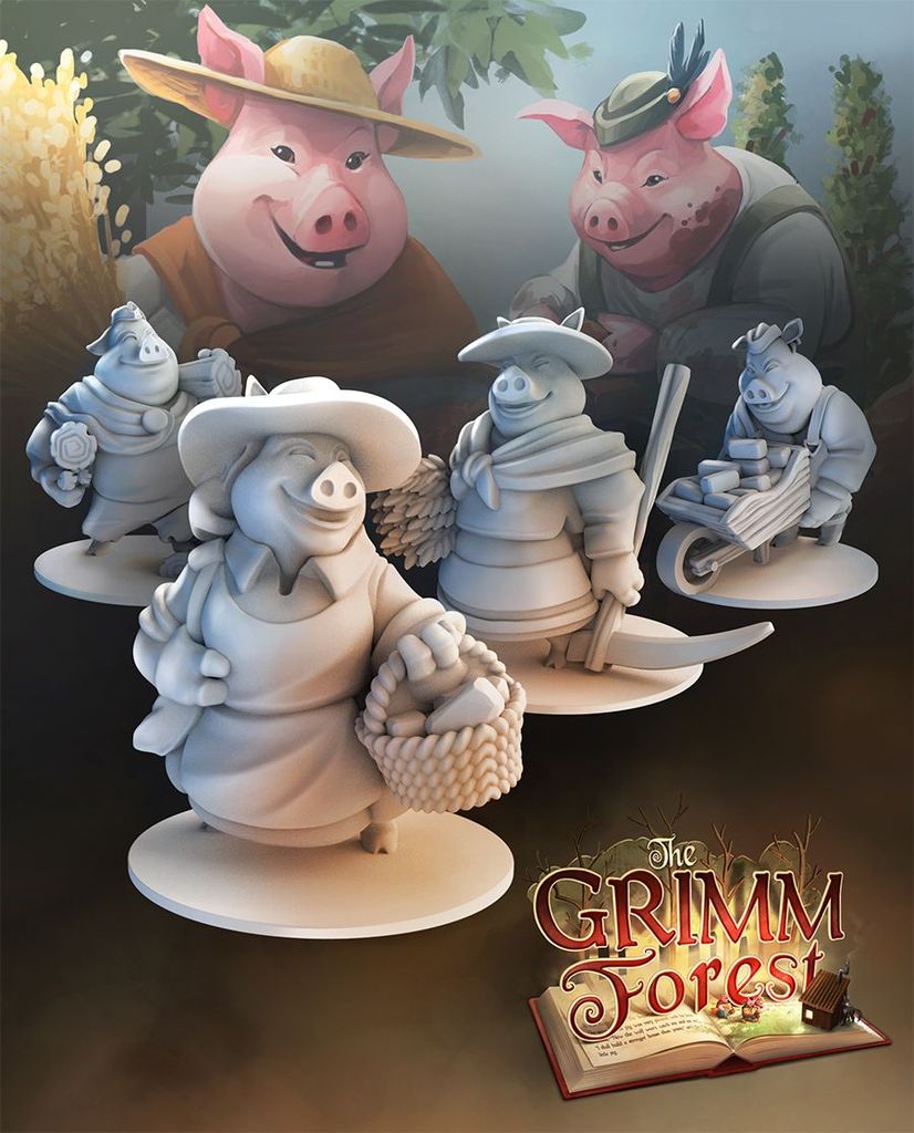 Four pig character miniatures hold farming tools and baskets in the foreground, with two illustrated pigs in hats smiling behind. The Grimm Forest board game logo and an open book appear at bottom right. Brand: Lucky Duck Games.