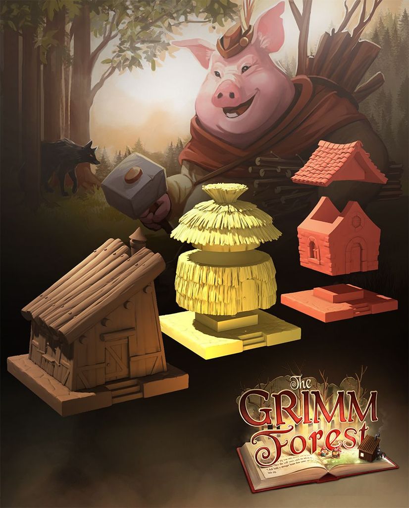 Illustration for The Grimm Forest by Lucky Duck Games shows a large pig in royal attire with a hammer, and three miniature houses—wood, straw, and brick—in front of a forest backdrop.