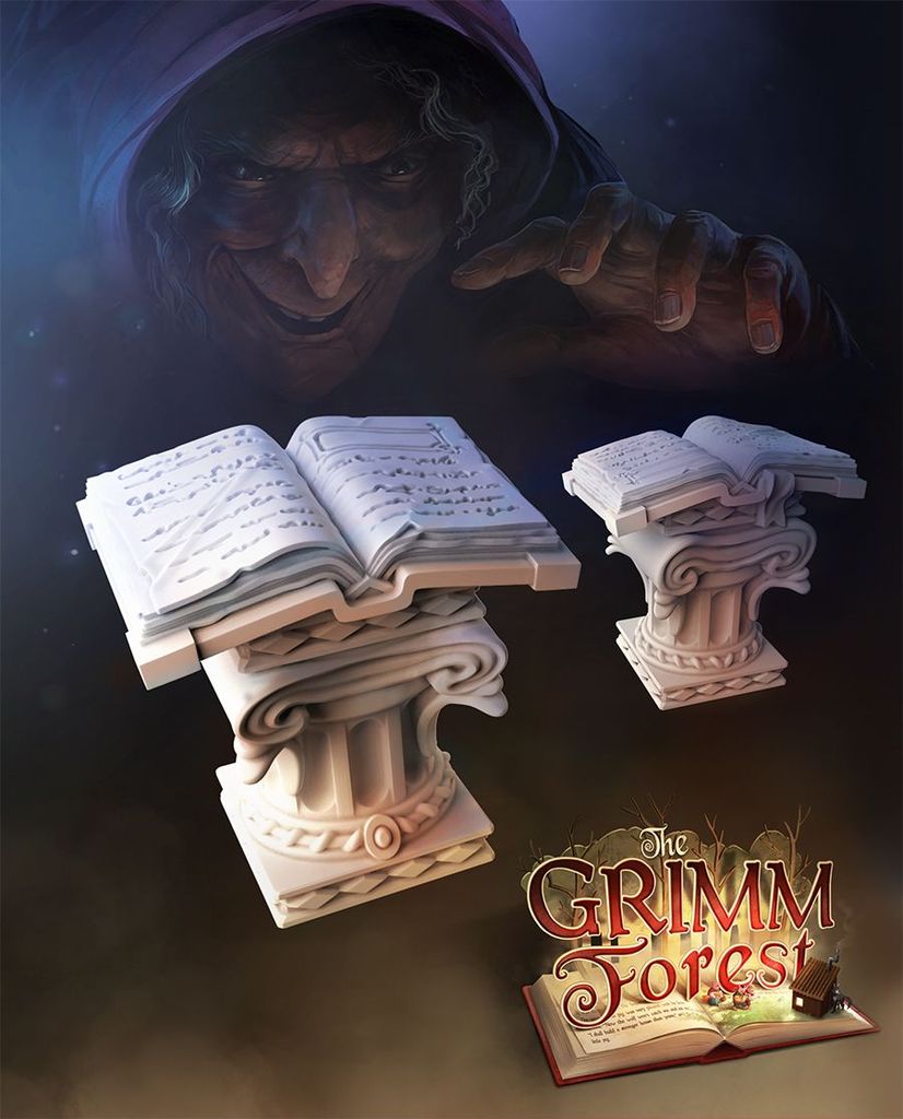 A hooded figure stands in the shadows above two ornate pedestals with open books, creating a mysterious fairy tale scene. The Grimm Forest by Lucky Duck Games title appears alongside an illustrated book in the lower right corner.