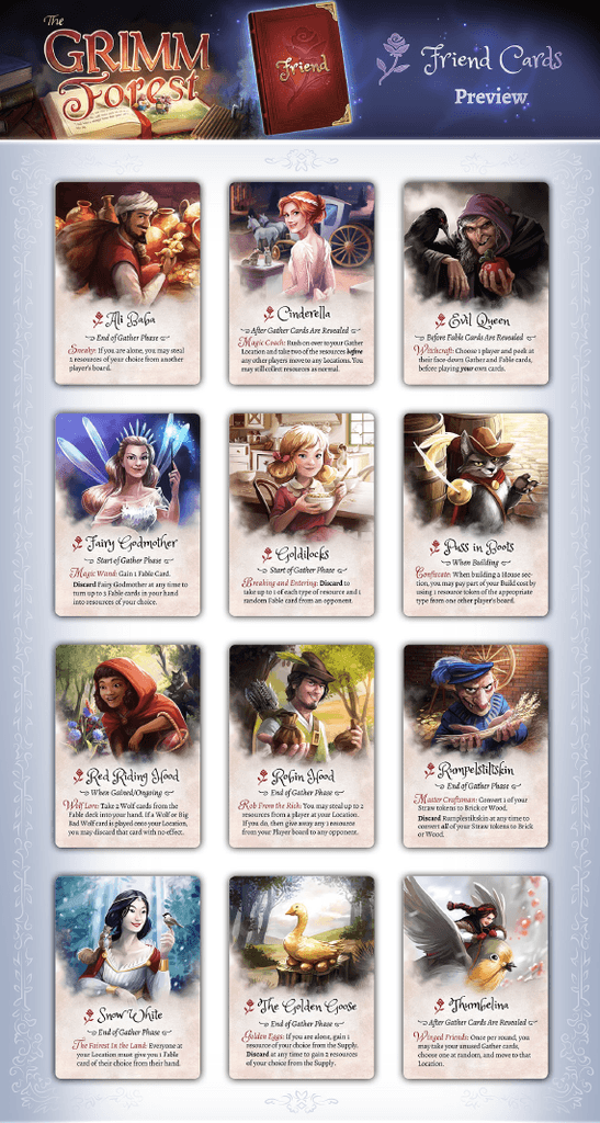 A preview sheet of twelve illustrated “Friend Cards” from The Grimm Forest by Lucky Duck Games, a fairy tale board game with house building and characters like Cinderella, Red Riding Hood, and Snow White—each with unique art and descriptions.