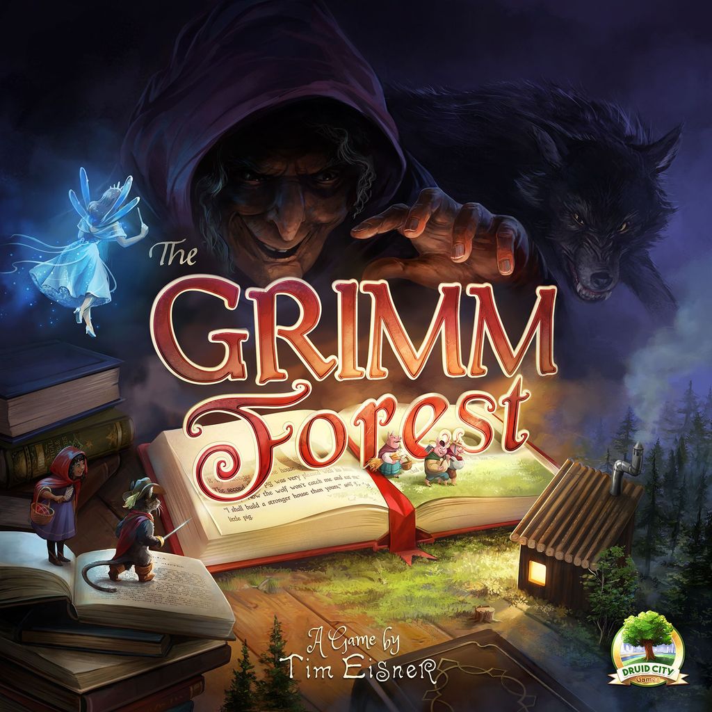 Box art for The Grimm Forest by Lucky Duck Games features a hooded figure, a wolf, and fairy tale characters near a cabin. An open book hints at the house-building competition; the title and credits are displayed.