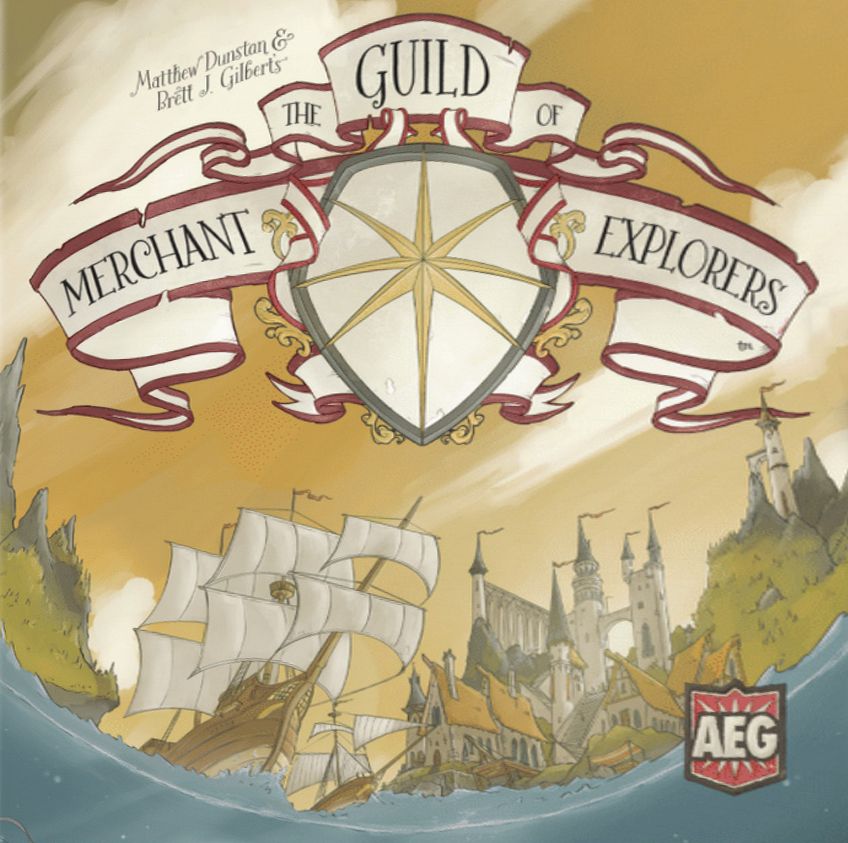 Illustrated cover for The Guild of Merchant Explorers by Alderac Entertainment Group, showing a grand ship near a medieval city with banners, shield, and game title—capturing the adventurous spirit of this exploration board game.