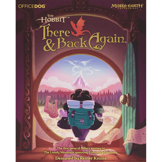 A backpacked hobbit stands at a round green door, gazing at a distant mountain under a blue sky, with the Office Dog board game "The Hobbit: There and Back Again" title above.