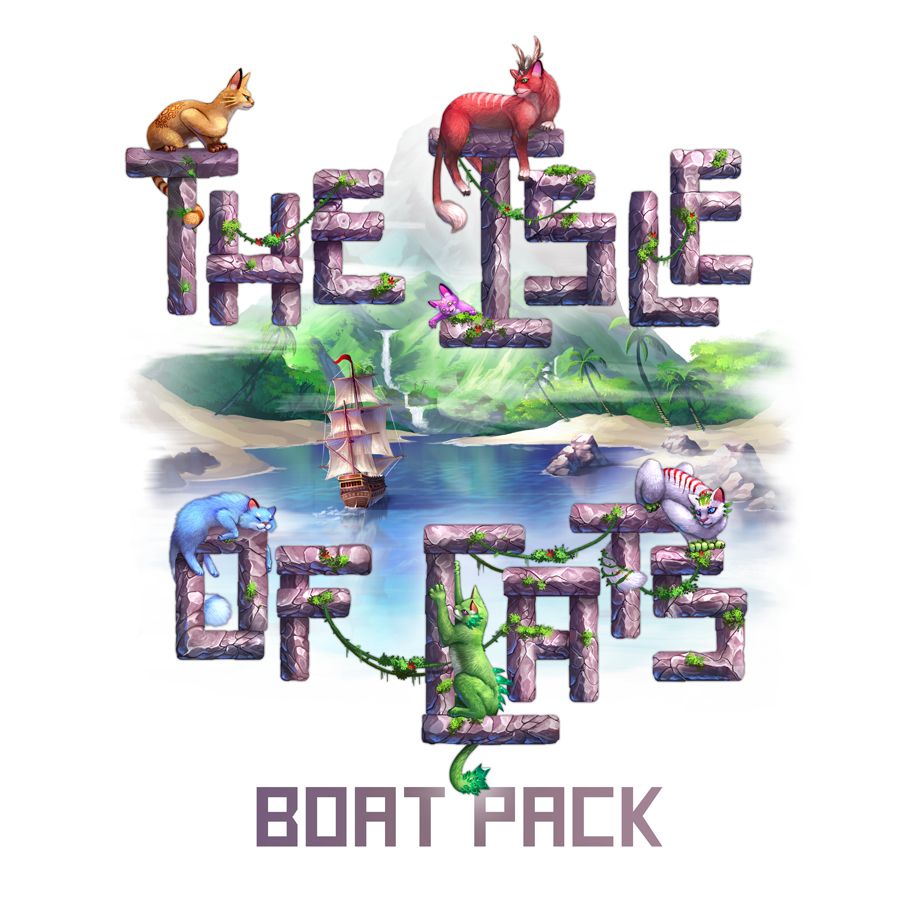 A vibrant illustration of The Isle of Cats: Big Box & Wooden Insert (with Kittens + Beasts, Boat Pack, and Kickstarter Pack 2) by The City of Games, featuring fantasy cats on the logo amid an island and sailboats—ideal for fans.