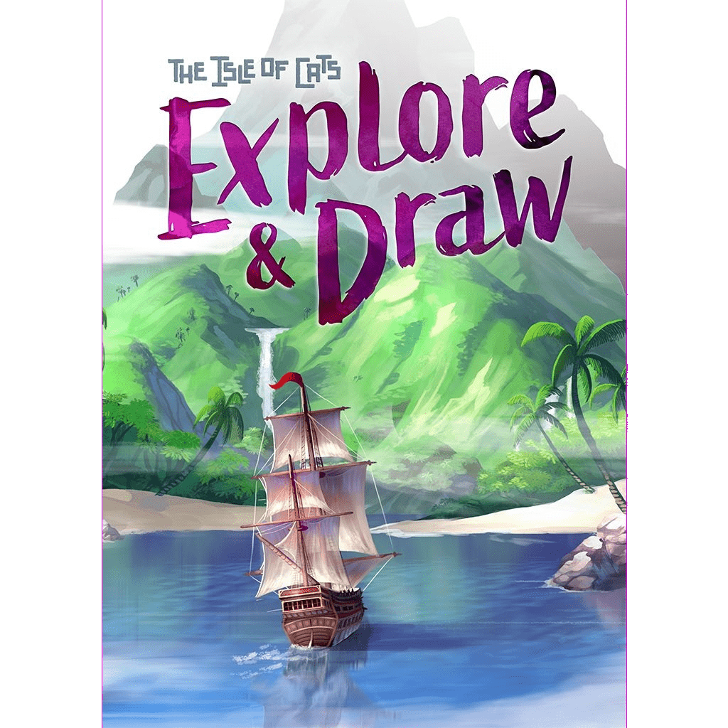 A sailing ship nears a lush island with palm trees and a waterfall. Bold text reads, The Isle of Cats: Explore & Draw with Kickstarter Promo Cards by The City of Games—a strategic polyomino cat-placement board game adventure.