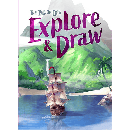 A sailing ship nears a lush island with palm trees and a waterfall. Bold text reads, The Isle of Cats: Explore & Draw with Kickstarter Promo Cards by The City of Games—a strategic polyomino cat-placement board game adventure.