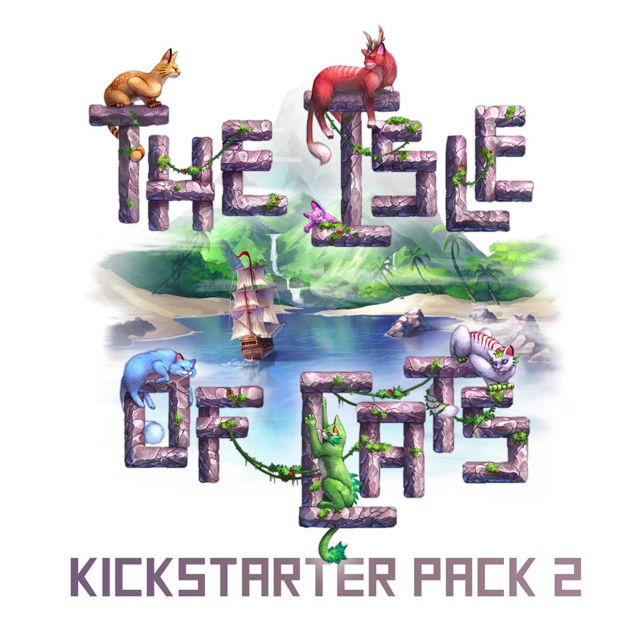 An illustrated image shows fantasy cats on stone letters spelling The Isle of Cats, with an island and ship behind. Text below reads: The City of Games—The Isle of Cats: Big Box & Wooden Insert with Kittens + Beasts, Boat Pack & Kickstarter Pack 2.