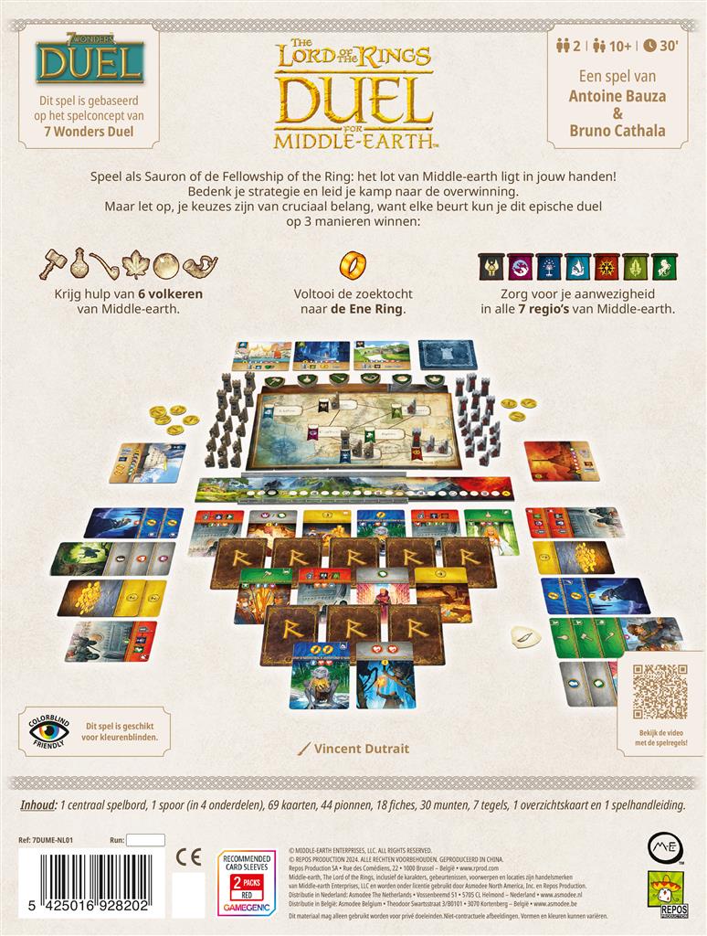 Back cover of The Lord of the Rings: Duel for Middle-earth NL by Repos, displaying game components arranged on a table, icons, and Dutch text about Sauron's influence with artwork inspired by The Fellowship of the Ring.