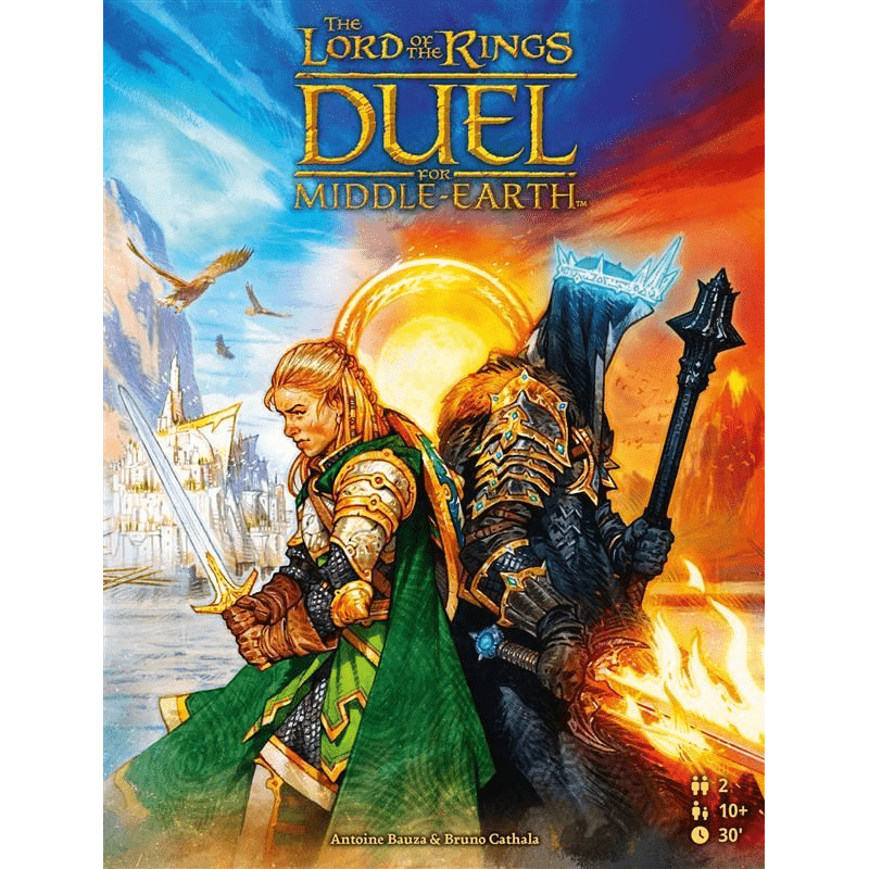 Two fantasy warriors—a green-armored swordsman and a dark-armored fighter with a spiked helmet—stand back to back as icy and fiery landscapes meet under a glowing sun. The Lord of the Rings: Duel for Middle-earth by Repos is inspired by the Fellowship.