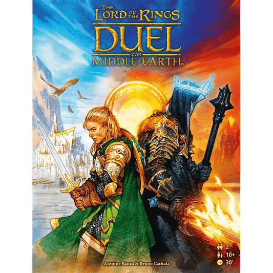 Two fantasy warriors—a green-armored swordsman and a dark-armored fighter with a spiked helmet—stand back to back as icy and fiery landscapes meet under a glowing sun. The Lord of the Rings: Duel for Middle-earth by Repos is inspired by the Fellowship.