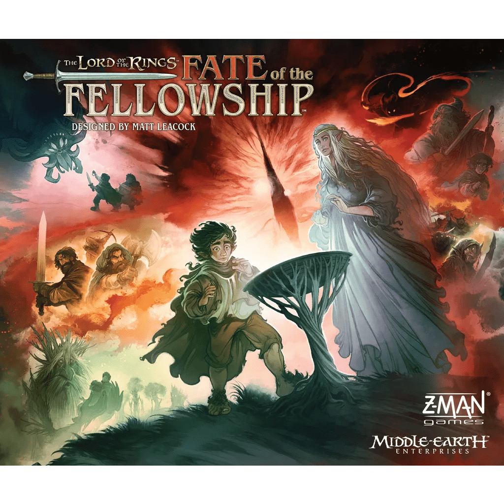 The box cover art for Z-Man Games' The Lord of the Rings: Fate of the Fellowship features Frodo, Galadriel, and more in a dramatic, magical scene that captures the epic spirit of this co-op board game.