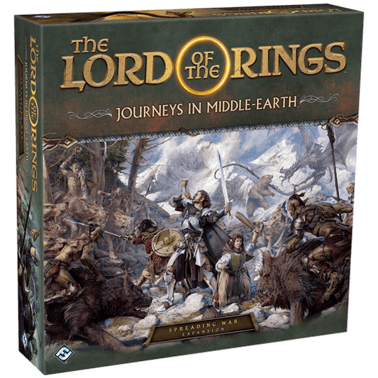 Box art for Fantasy Flight Games' The Lord of the Rings: Journeys in Middle Earth – Spreading War Expansion, shows iconic fantasy characters battling wild beasts in a snowy, rugged landscape.