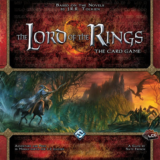The box cover art for The Lord of the Rings: The Card Game by Fantasy Flight Games features ornate title lettering, a fiery ring in the background, and a cloaked rider escaping from dark, jagged mountains below.