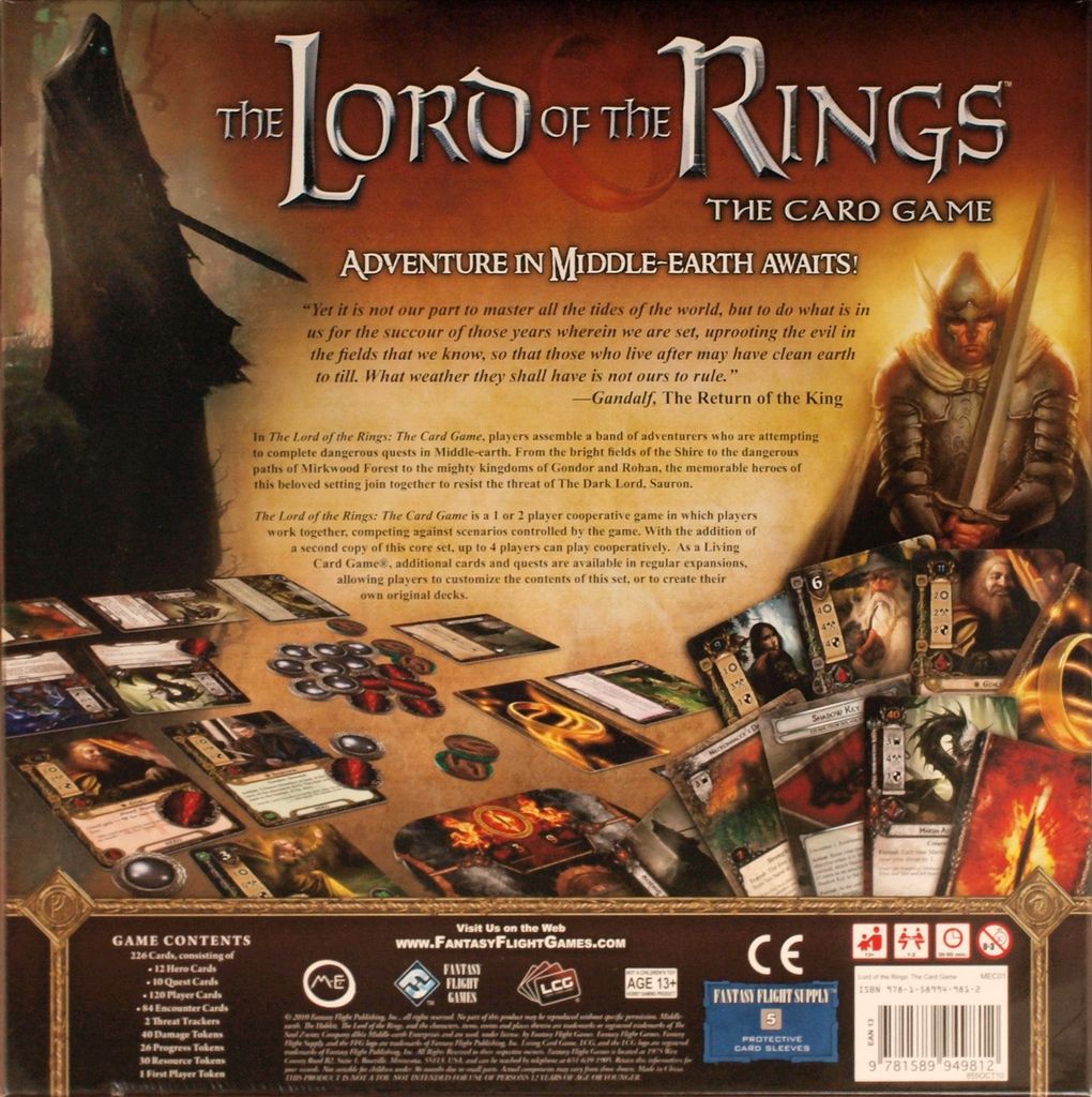 Back of The Lord of the Rings: The Card Game box by Fantasy Flight Games displays game setup with cards, tokens, and art. Text highlights its cooperative adventure theme and Gandalf’s quote. Contents and publisher info are shown below.