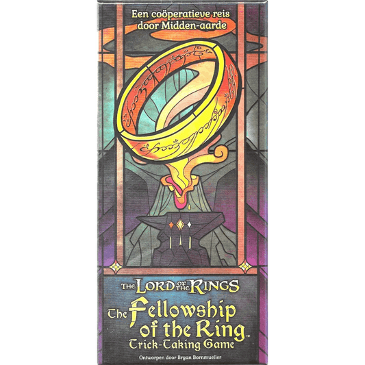 A game box cover shows the One Ring with glowing Elvish script above a pedestal. Play The Lord of the Rings: The Fellowship of the Ring – Trick-Taking Game (Nederlandse editie) by Office Dog, a cooperative experience in Dutch and English.