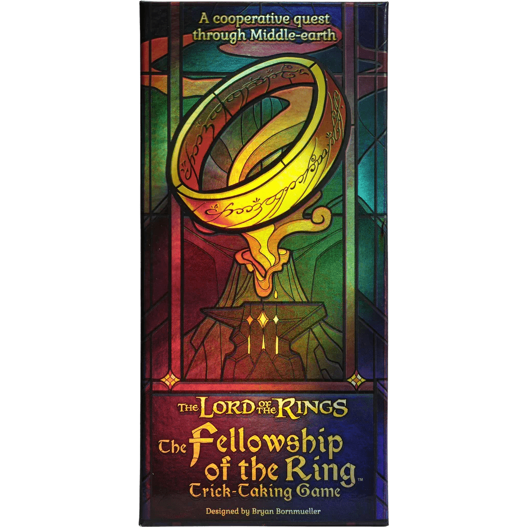 A vibrant box in stained-glass style shows the One Ring above a mountain. Text reads: A cooperative trick-taking journey through Middle-earth. The Lord of the Rings: The Fellowship of the Ring – Trick-Taking Game by Office Dog.
