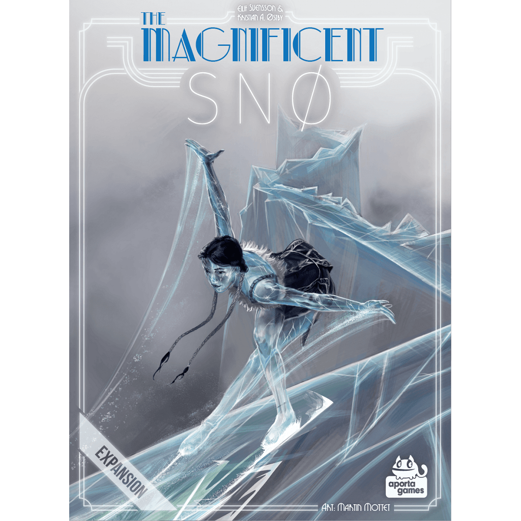 A stylized grayscale image shows a surfer gliding on icy shards, with bold text: The Magnificent: SNØ Expansion EN/FR—an exciting board game addition. Aporta Games’ logo appears at the bottom.