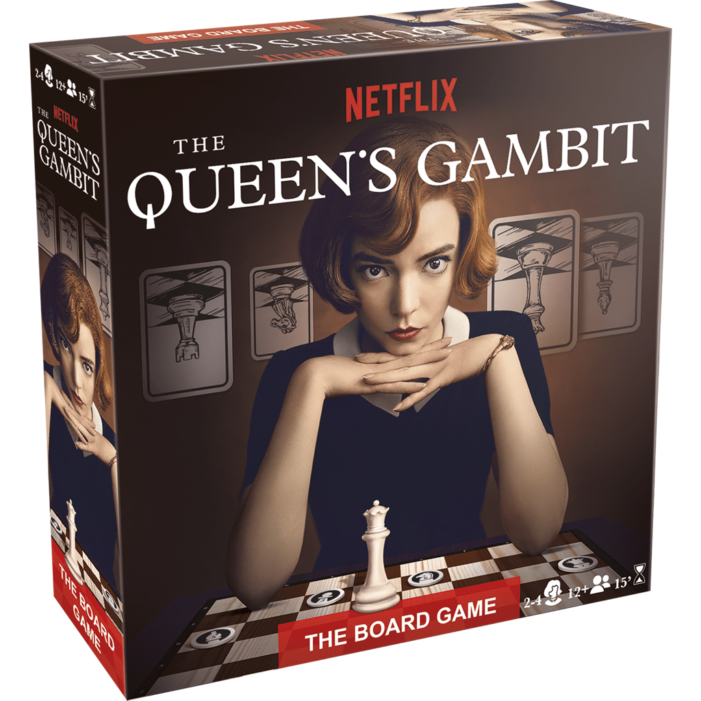 The Queen's Gambit: The Board Game by Mixlore comes in a box featuring striking chess-themed artwork with a woman with short red hair and Netflix branding, inspired by the popular Netflix series.