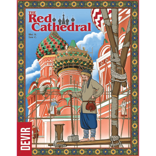Box cover of The Red Cathedral board game by Devir, showing a construction worker on scaffolding before Saint Basil's Cathedral with its colorful domes and detailed architecture.