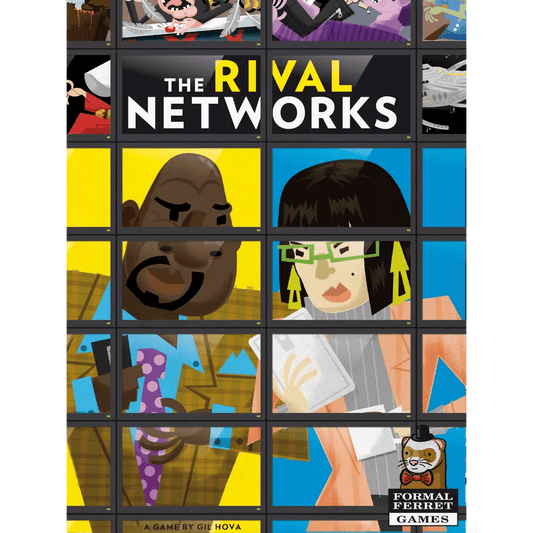The cover of The Rival Networks by Formal Ferret Games features two illustrated characters—one holding a microphone, one with papers—bold title text, and the Formal Ferret Games logo. This is a two-player board game.