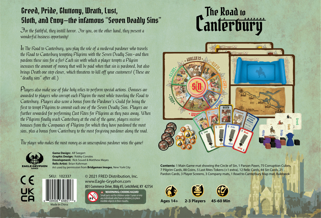 Box back cover for The Road to Canterbury by Eagle-Gryphon Games—a medieval board game with cards, tokens, coins, a spinner, and player trays. Seven Deadly Sins inspire the design on a gray background featuring descriptive text and game info.