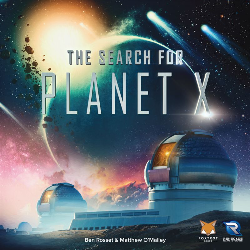 A sci-fi illustration depicts observatories under a starry sky with a large planet behind them. "The Search for Planet X" is displayed, capturing the thrill of astronomy in this Renegade Game Studios board game. Creator and publisher logos are at the bott