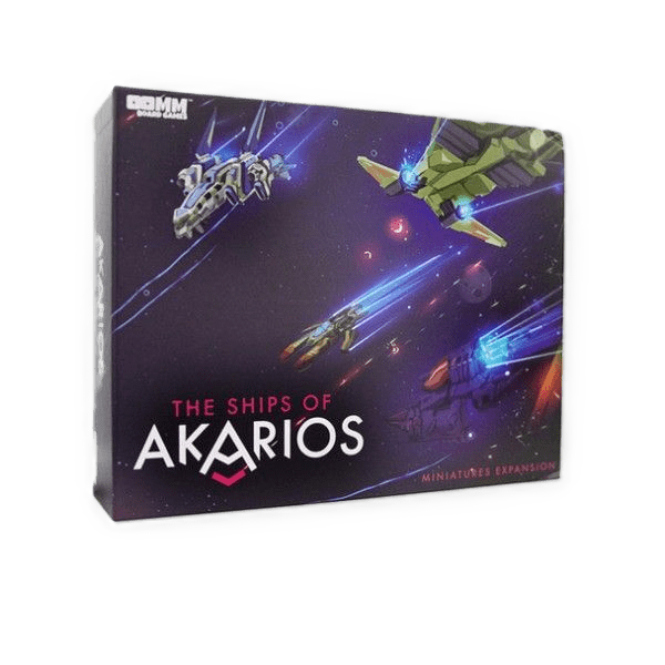 A game box from OOMM Games titled The Ships of Akarios features vibrant enemy ship miniatures flying across a starry purple space backdrop.