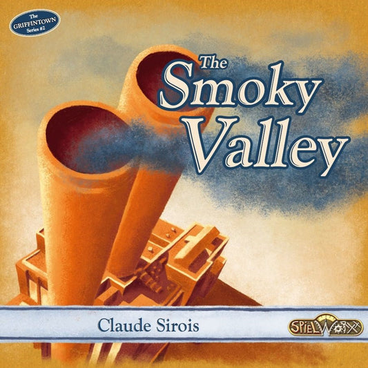 Board game cover for The Smoky Valley by Spielworxx, depicting two large smokestacks above a factory near the Lachine Canal to reflect Griffintown's industrial spirit.