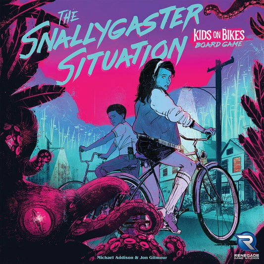 Two kids ride bikes at dusk on a suburban street as giant pink monster tentacles emerge. Above, The Snallygaster Situation: Kids on Bikes Board Game by Renegade Game Studios is displayed.