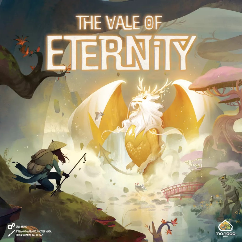 In "The Vale of Eternity" by Mandoo Games, a figure with a staff confronts a majestic, antlered golden dragon in an enchanted valley, reflecting the game's mystical challenge of taming dragons amid rivers and mountains.