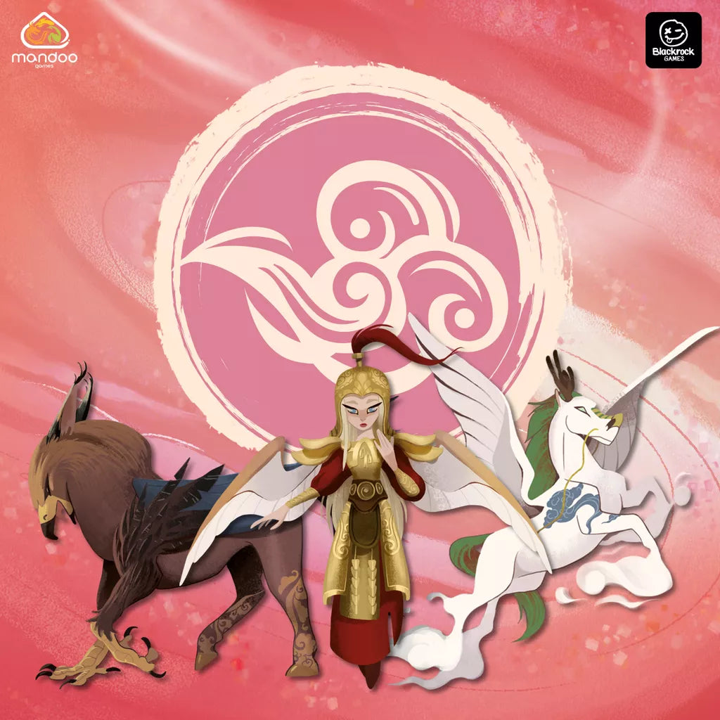 In The Vale of Eternity by Mandoo Games, three fantasy creatures—a brown griffin, a gold-armored winged humanoid, and a white winged unicorn—stand before a pink swirling emblem; game setting shows logos in the corners.