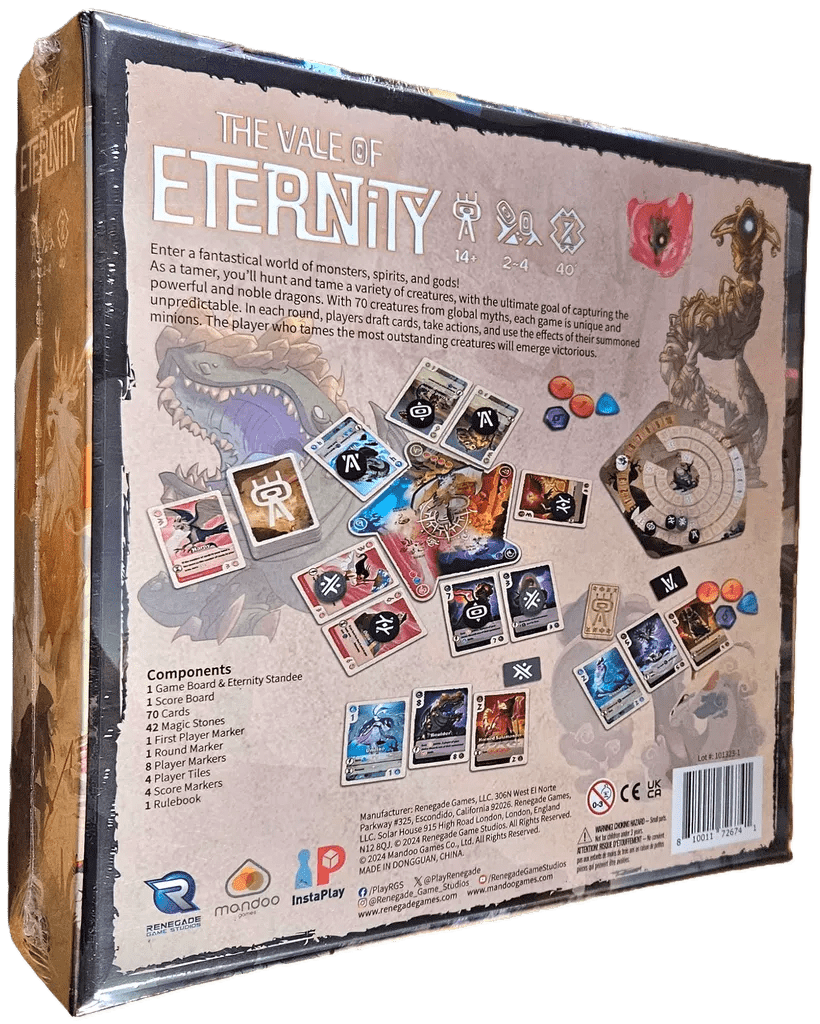 Back of The Vale of Eternity box by Mandoo Games shows cards, tokens, dice, and the rulebook. Fantasy artwork and game details highlight this dragon-taming fantasy board game.