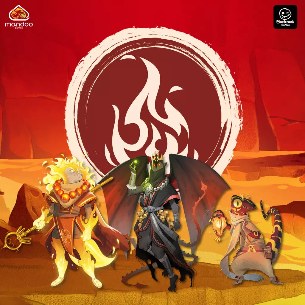 Three fantasy figures—a fiery armored warrior, a crowned dark angel, and a lizard mage—stand on a blazing land before a huge flame symbol. Ideal for fans of The Vale of Eternity by Mandoo Games or those who love epic dragon adventures.