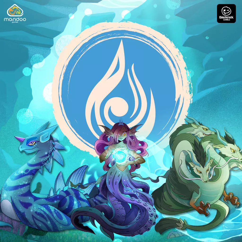 A fantasy scene inspired by The Vale of Eternity by Mandoo Games: a purple-haired mage with a glowing orb stands between a blue aquatic dragon and a green three-headed dragon, evoking the art of dragon taming with an elemental symbol behind.