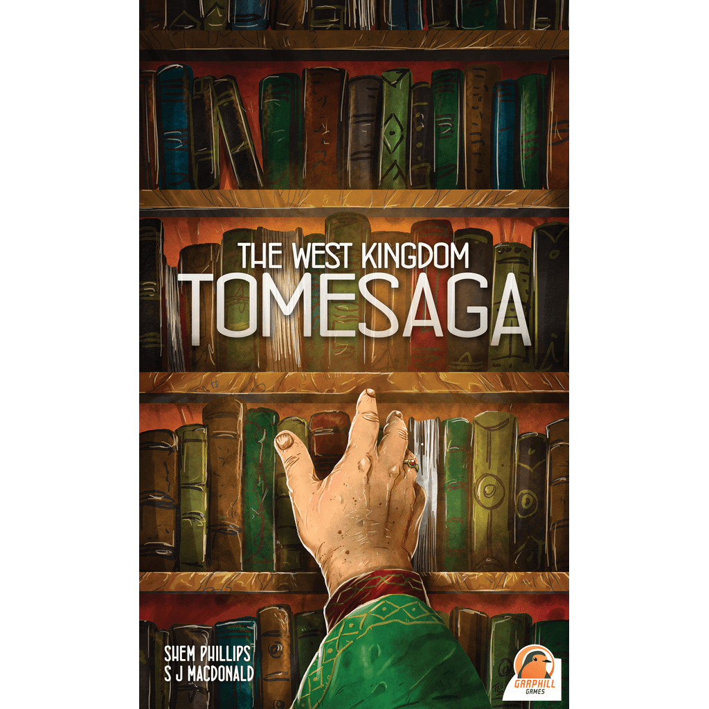 A green-sleeved hand reaches for a colorful bookshelf. Above are the words "The West Kingdom Tomesaga" by Renegade Game Studios, highlighting campaign and cooperative modes in this epic adventure.