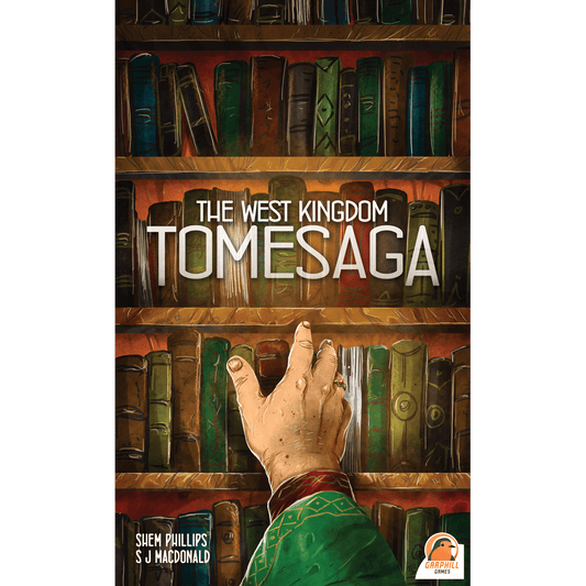 A green-sleeved hand reaches for a colorful bookshelf. Above are the words "The West Kingdom Tomesaga" by Renegade Game Studios, highlighting campaign and cooperative modes in this epic adventure.