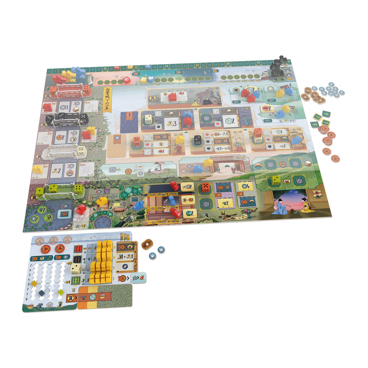 The White Castle: Matcha Expansion by Devir features colorful illustrated boards, cards, dice, tokens, and wooden pieces—including the Matcha set—neatly arranged on and around the main board and a player board for organized play.