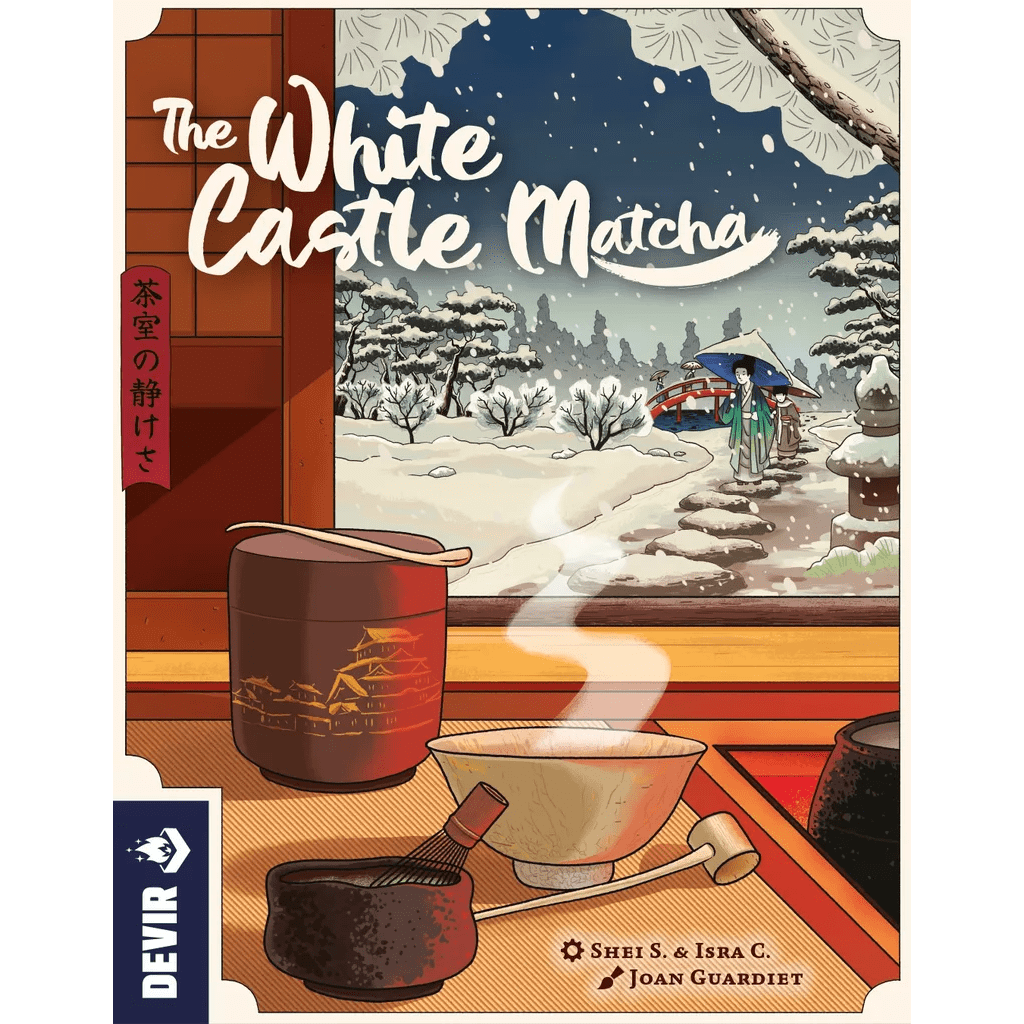 A cozy tea set with steam rising from matcha sits in a Japanese room. Outside, a person in a blue kimono walks through snowy gardens. Above is the title: The White Castle: Matcha Expansion by Devir.