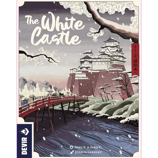 The White Castle by Devir features a board game cover with snowy Himeji Castle on a hill, people crossing a red bridge over a river, and pine branches framing the scene.