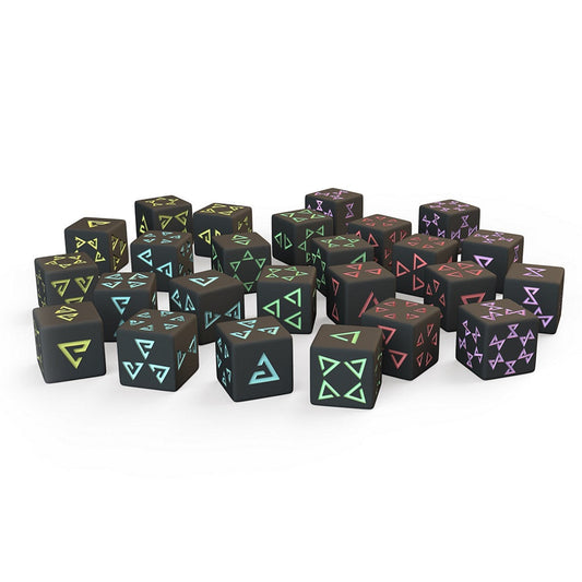 The Witcher: Old World Additional Dice Set by CD Projekt RED features black six-sided dice with vibrant geometric shapes in green, blue, yellow, red, and purple—ideal for dice poker or expanding your Witcher collection.