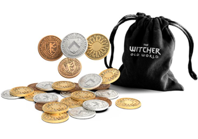 A black drawstring pouch labeled "The Witcher: Old World" by CD Projekt RED rests beside a pile of The Witcher: Old World Metal Coins in gold, silver, and bronze, each adorned with detailed fantasy designs.