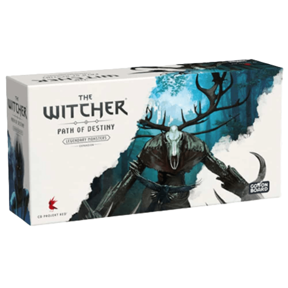 Box for The Witcher: Path Of Destiny – Legendary Monsters Expansion by Go On Board, showcasing dark fantasy art of a Leshen in a forest. Title and logo suggest epic sword fights and monster-hunting adventures with Witcher companions.