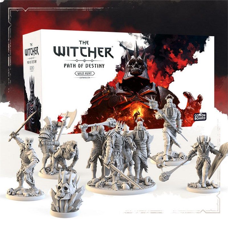 A set of detailed gray armored skeleton miniatures from Go On Board’s The Witcher: Path Of Destiny – Wild Hunt Expansion, posed in front of the game box featuring dark fantasy artwork and a menacing armored figure.