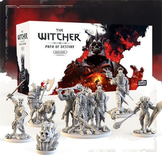 A set of detailed gray armored skeleton miniatures from Go On Board’s The Witcher: Path Of Destiny – Wild Hunt Expansion, posed in front of the game box featuring dark fantasy artwork and a menacing armored figure.