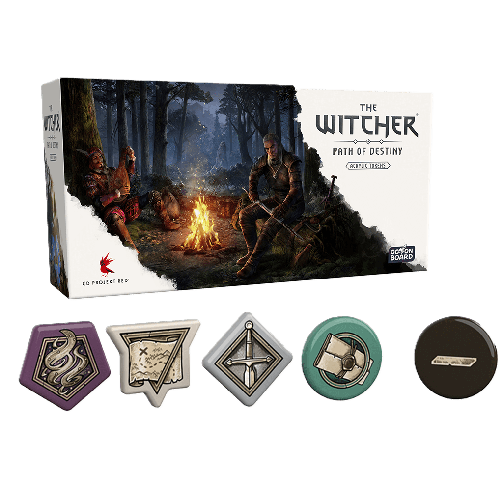 Go On Board’s "The Witcher: Path of Destiny Acrylic Tokens For Core Game" includes five unique acrylic tokens, each with distinct symbols and shapes—an essential accessory for enhancing your board game experience.