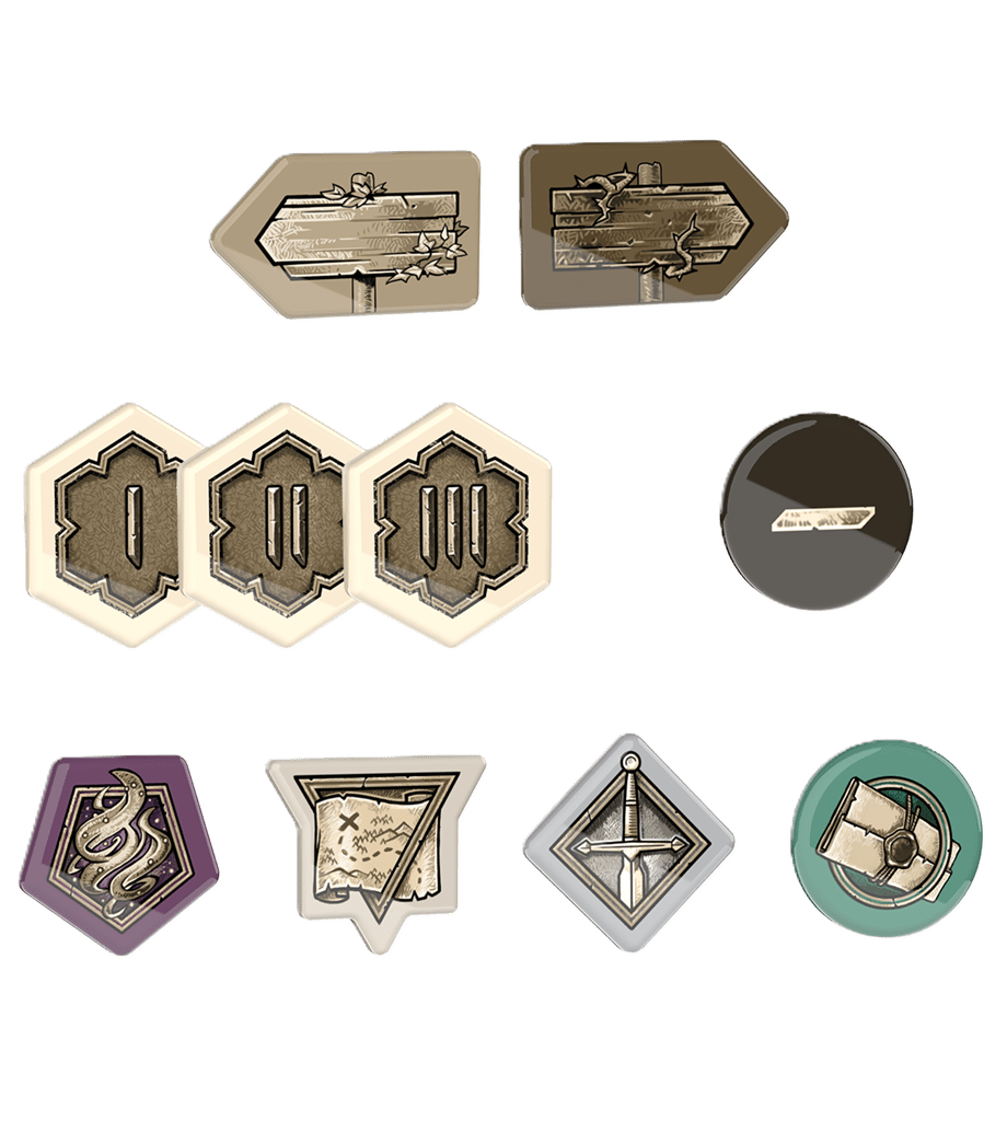 The Witcher: Path of Destiny Acrylic Tokens for Core Game by Go On Board includes nine uniquely shaped and colored tokens—road signs, Roman numeral hexagons, a snake, map, sword, paper plane, and hand with letter—ideal gaming accessories.